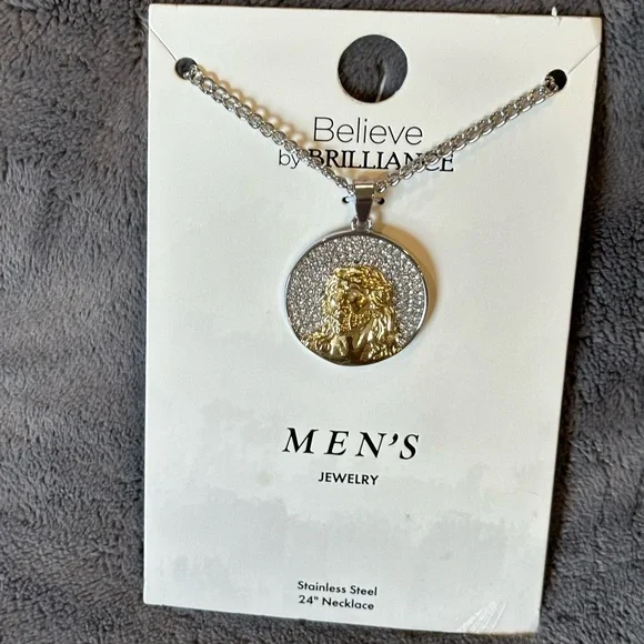 Men's Stainless Steel Crystal Religious Medallion Pendant 24”✨NWT✨ - Picture 5 of 7